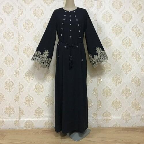 Muslim Abaya Women Elegant Diamond Kimono Long Robe Turkish Islamic Clothing Caftan Elbise Maxi Embroidery Lace-up Hijab Dress