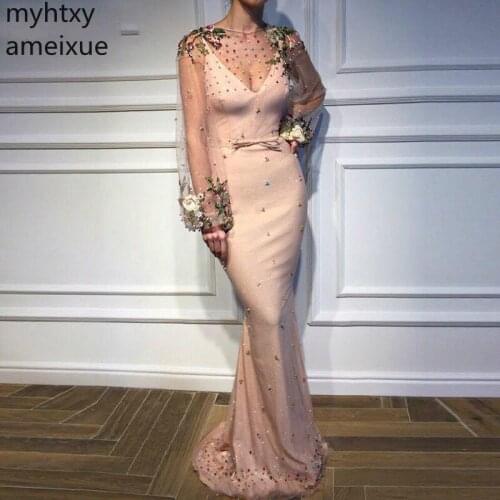 Hot New Arabic Mermaid Pink Fairy Skirt Plus Size Evening Dresses 2020 Long Muslim Empire Dress Formal Women Elegant Robe Longue