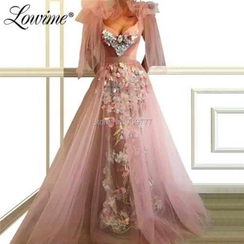 Pink Floral Prom Dresses Capped Sleeve Evening Gown 2019 Illusion Tulle Party Dress Robe De Soiree Arabic Formal Gowns
