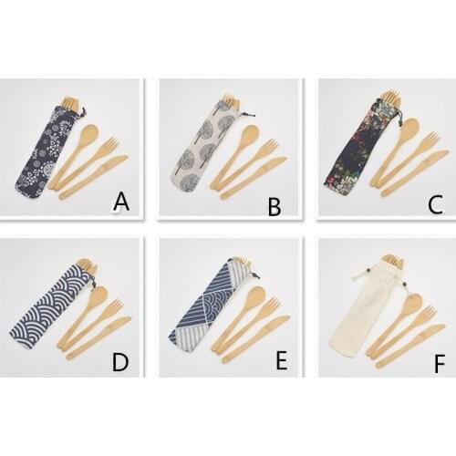 10 sets/lot Reusable Elegant Retro Wooden Bamboo Cutlery Flatware With Bags Dinnerware Spoon Fork Chopsticks