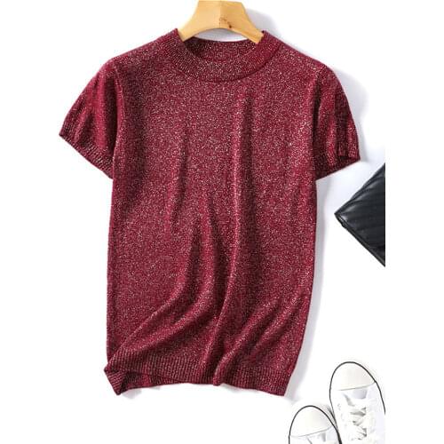 Shiny Lurex 2021 Spring Summer O Neck Mix Color Patchwork Sweater Women Casual Short Sleeve Pullover Knit Jumper Korean Tops