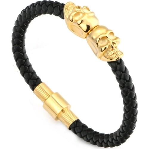 Mestylish Genuine Leather skull Stainless Steel Gold Twin Skull Bracelets for Man Women Jewelry Best Friends Gift pulseira