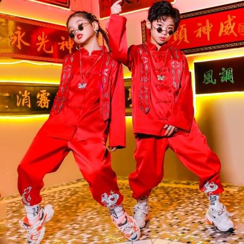 Child Hip-Hop Performance Costume Boys Girls Jazz Dancing Clothes Loose Red Tang Suit Festival Ballroom Modern Stage Wear BL4994