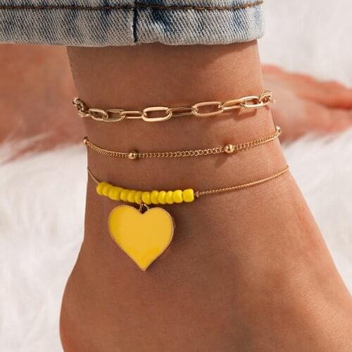 Docona 3pcs/set Fashion Yellow Beaded Heart Pandent Anklet Set for Women New Trendy Alloy Metal Summer Beach Party Jewelry 16254