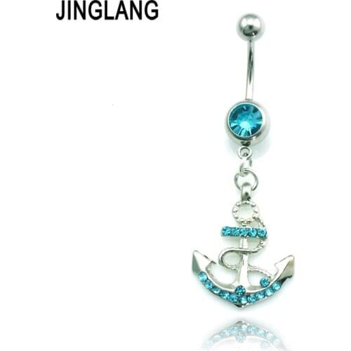 JINGLANG Belly Button Rings 316L Stainless Steel Barbell Dangle Rhinestone Ahchor Navel Piercing Hypoallergenic Jewelry