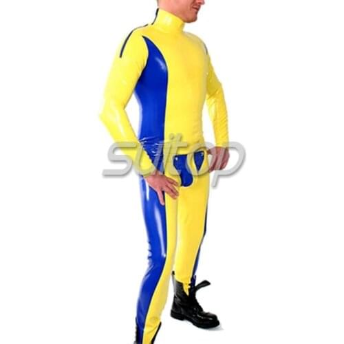 Suitop handmade yellow rubber latex codpiece sexy latex glued catsuit