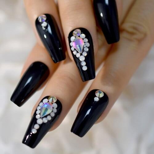 Grace Crystal False Nails AB Strass Decorative Black Long Faux Ongles Coffin Thick Tips Reusable EchiQ