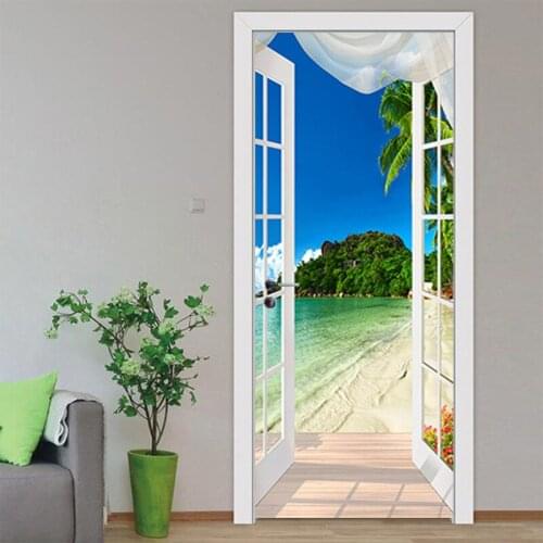 3D Door Sticker Creative Windowsill seaside scenery Self Adhesive Wallpaper DIY Bedroom Door Renovation Waterproof Poster Decor