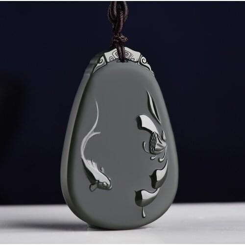 Natural A hetian jade carving black jade fish green jade pendant unique design jadeite jade necklace men jewelry women pendants