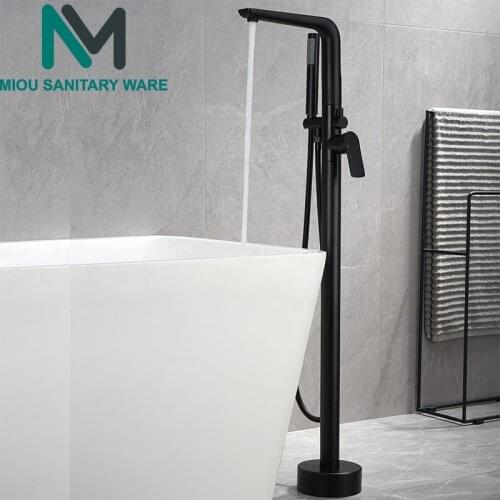 Solid Brass Matte Black Finish Black Single Handle Freestanding Bathtub Filler Faucet Floor Mount
