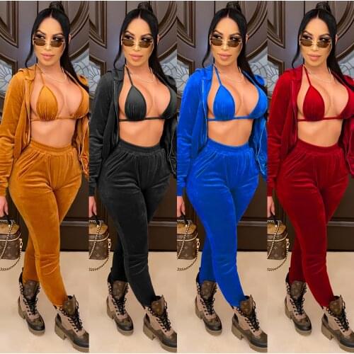 Hooded Sweater gold velvet jacket pants set womens three piece set crop top bra women lounge wear plus size sets women