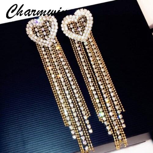 Charmwin Long Tassel Earrings For Women New Fashion Jewelry Exaggerated Heart Rhinestone Drop Earrings PE1533
