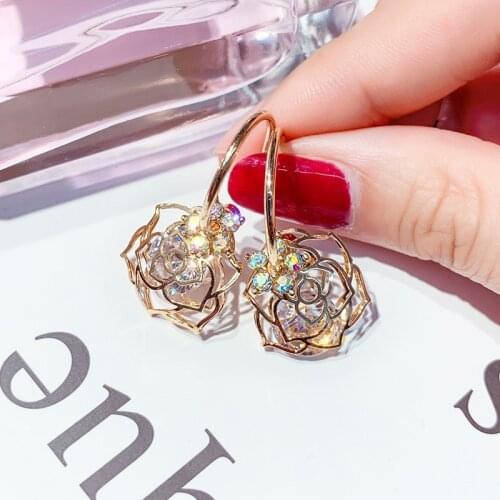 Fashion Flower Dangle Earrings For Women Bijoux Exquisite Gold Color Rose Crystal Drop Earrings Jewelry Gift