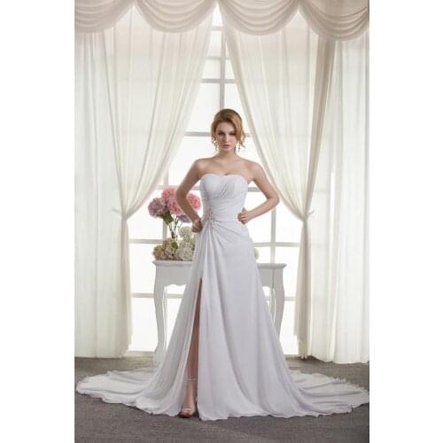 Ivory Chiffon Beading Strapless Floor-Length A-Line Wedding Dresses Chapel Train Custom Made Bridal Gowns