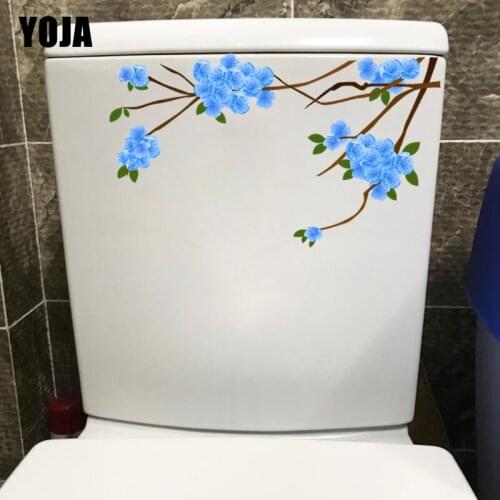 YOJA 22.2X13.2CM Blue Cartoon Flowering Branch Toilet Seat Decor Fashion Home Room Wall Sticker T1-2260