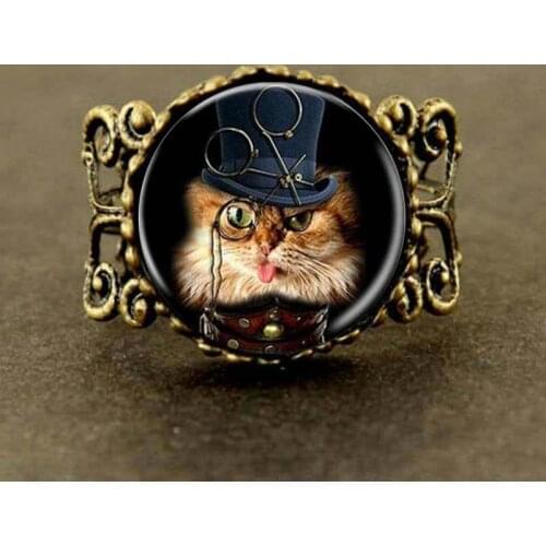 Steampunk 2017 New Monocle Cat lover art Ring Jewelry Glass cat Ring Women Men Gift