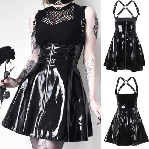 WomenS New Style Gothic Style Punk Sexy Nightclub Style Dress Strap Waist Leather Dress Classic Black платье женское 50