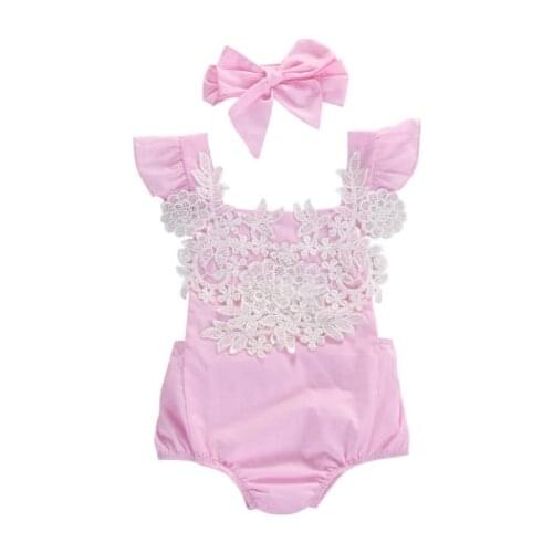 2PCS Super Cute Pink Romper for baby girls Newborn Baby Girl Rompers Jumpsuit Lace Floral Clothes Headband Outfits Sunsuit
