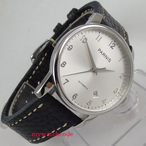 38mm parnis silver dial date window case miyota automatic mens womens watch 1022