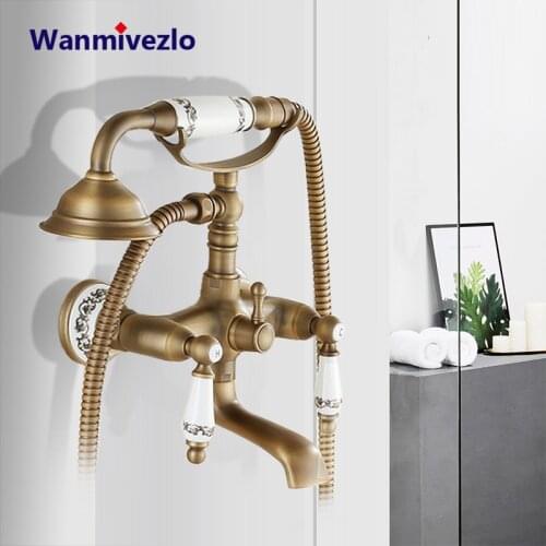 Antique Brass Bathtub Shower Faucets Set Dual Knobs Mixer Tap Wall Mounted Bath Shower Set Swivel Tub Spout Bath Shower