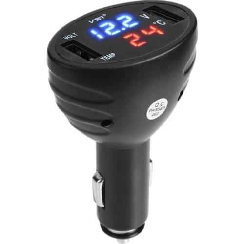 3in1 12V/24V Car Digital Voltmeter Auto Dual USB Car Charger Temperature Volt Meter Gauge