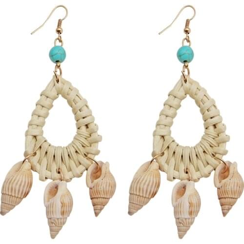 Bohemian Rattan Knit Shell Drop Dangle Earrings Hesiod Boho Vintage Water Drop Raffia Straw Tassel Earrings Female Jewelry