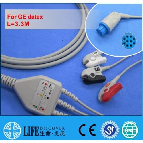 One piece ECG cable with 3 clip lead wires for GE datex patient monitor