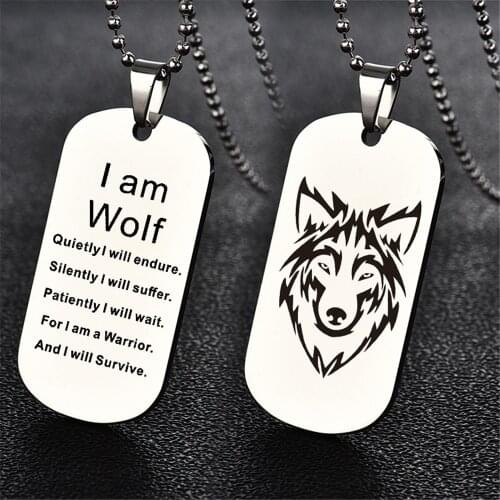 Fashion Men Womens Stainless Steel Wolf Head Dog Tag Pendant Necklace Gift Stainless Steel Key Chain