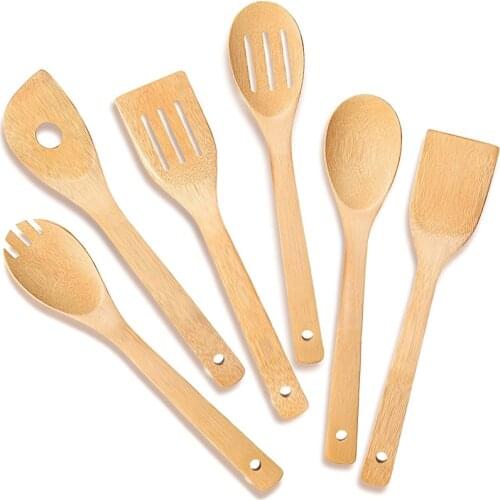 Reusable Wooden Kitchenware Cutlery Organic Spatula Pan fork spoons Set Cookware Tools Flatware Cooking Bamboo Kitchen Utensils