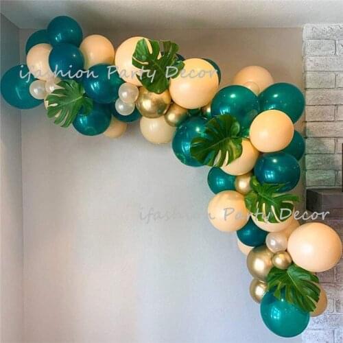 Teal Blue& Peach Balloon Garland Arch Kit Gold Metallic Balloons with Palm Leaves for Wild One Birthday Party Decor Jungle Party