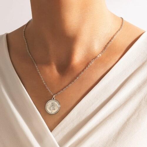 HuangTang Charming Printing Rose Pendant Necklace for Women Girls Silver Color Alloy Metal Clavicle Chain Jewelry Engagement Gif