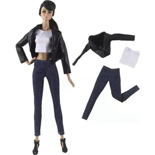 Cool Black Leather Jacket 11.5" Doll Outfits For Barbie Clothes Coat White Tank Top Denim Jeans Pants For Barbie Accessories Toy