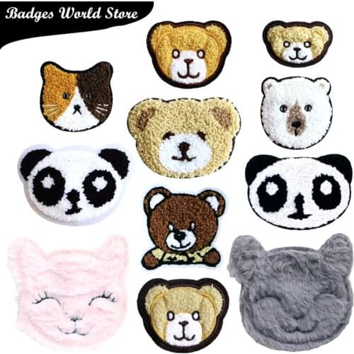Cute Bear Panda Cat Chenille Icon Towel Embroidered Iron on Patches DIY Stripes Clothes Patchwork Sticker Badges on the Backpack