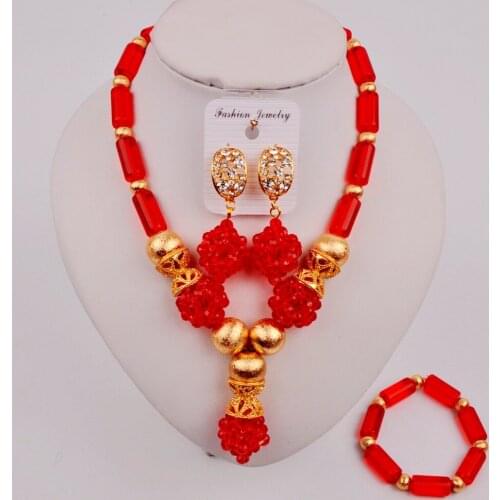 Fashionable Red Crystal Beaded Nigerian Wedding Jewelry Set African Necklace Beads Sets ZQ5-05