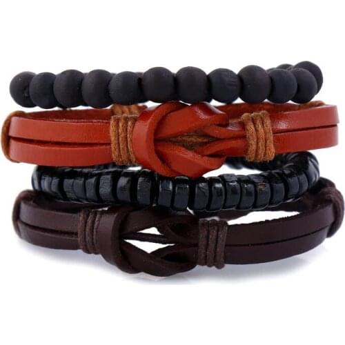 Hippie Fashion Vintage Braided Leather Bracelets Set Multilayer Weave Rope Charm Beaded Bangle Wristbands Handmade Retro Jewelry