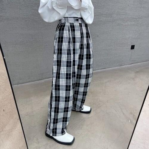 2021 Mens Trend Loose Casual Pants Fashionable Lattice Printing Wide Leg Pants Vintage Sweatpants Male Black Trousers M-XL