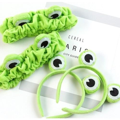 Women Girls 2 Piece Cute Frog Eye Hair Hoop and Headband Bandana Set Elastic Plush Wash Face Turban Party Photo Props