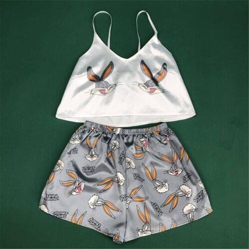 DAILOU Lovely Animal Cartoon Print Sleepwear Homewear Suit Summer V Neck Sexy Pyjamas Women Spaghetti Strap Loose Satin Pajamas
