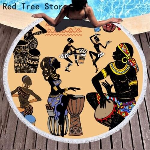 Microfiber Primitive Tribe Print Beach Towel Outdoor Swimming Fitness Quick-drying Water Absorbent Bath Cover Round Tassel Style