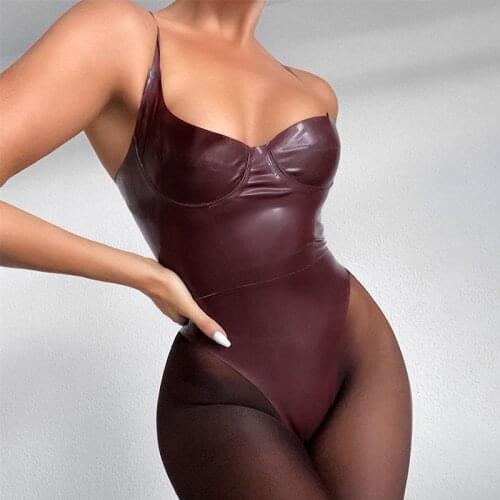 Townlike Sexy PU Leather Bodysuits Women Spaghetti Strap Rompers Womens Jumpsuits 2020 Summer Overalls Bottoming