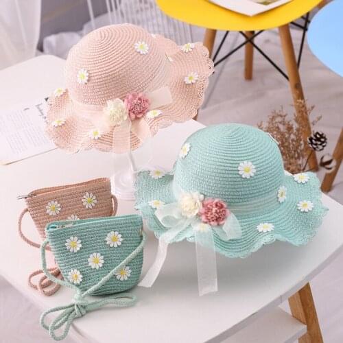 2Pcs Lace Flower Summer Straw Hats With Handbag for girls Beach Panama Hats Sun Visor Hat Kids gorras