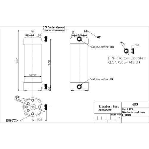 46KW Water to Water High Temperature Resistance Titanium Heat exchanger for Salt Water Heating