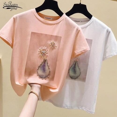 2021 New Fashion Short Sleeve White Tee Shirt Summer Cotton T Shirt Women Loose Beaded Print O-Neck Woman Tshirts Clothes 9639