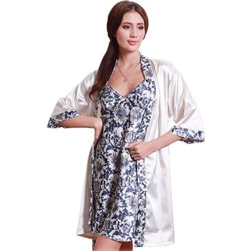 Womens Faux Silk Sleepwear Robe And Gowns Set Gorgeous Floral NightgRobe Bathrobe Set 2PC Sleeprobe Robe +Lingerie