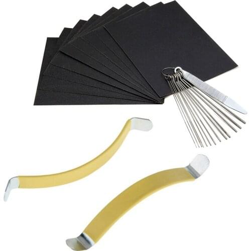 2Pcs Metal String Spreaders Guitar Luthier Tool for Cleaning Fretboard Yellow with Guitar Bridge Saddle Nut Files Set