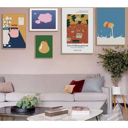 Abstract Wall Art Poster Milk Pear Orange Fruits Cloud Canvas Painting Flower Funny Life Illustration Print Vintage Home Decor