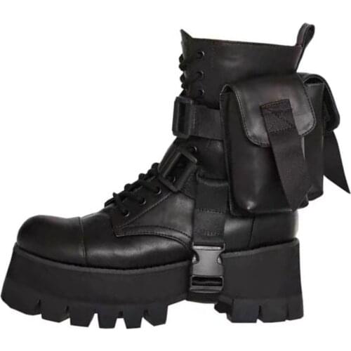 Fashion Woman Belt Bag Boots Thick Heel Platform Sole Women Motorcycle Boots Round Toe Cow Leather Martin Boots Woman