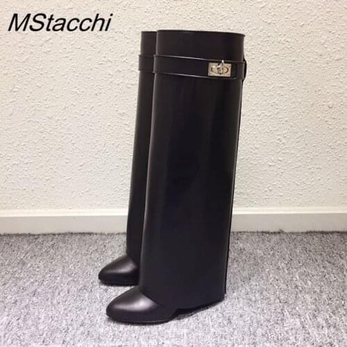 Brand Design Shark Lock Women Boots Sexy Slip-on Knee High Boots For Woman Motorcycle Botas Mujer Genuine Leather Wedge Shoes