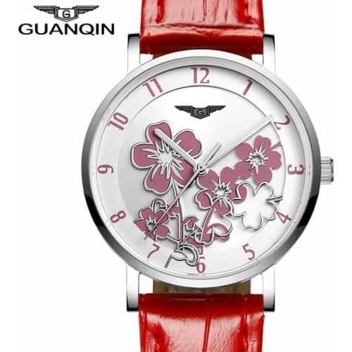 Watches Women Fashion Watch 2021 GUANQIN relogio feminino Luxury Flower Design Dial Quartz Watch Ladies Red Leather Wristwatch