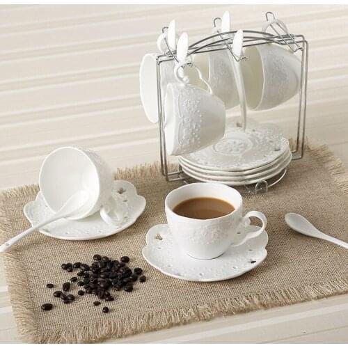 Modern Style Bone China Tea / Coffee Cup and Hollow-out Saucer (6 sets) with Engraving Lace Pattern